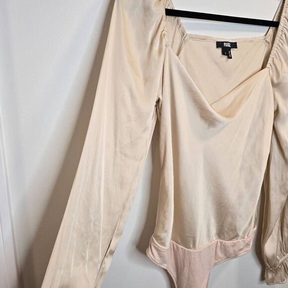 Paige Bodysuit Women's Small Satin Beige‎ Square Neck 100% Polyester Stretch - Picture 6 of 9